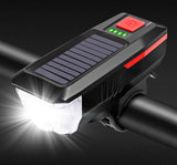 Solar Powered USB Rechargeable LED Bicycle Headlight Bike Head Light Lamp + Horn