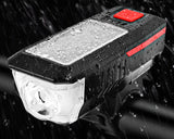 Solar Powered USB Rechargeable LED Bicycle Headlight Bike Head Light Lamp + Horn