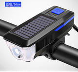 Solar Powered USB Rechargeable LED Bicycle Headlight Bike Head Light Lamp + Horn