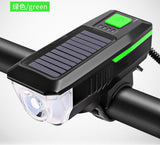 Solar Powered USB Rechargeable LED Bicycle Headlight Bike Head Light Lamp + Horn