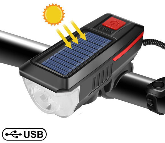 Solar Powered USB Rechargeable LED Bicycle Headlight Bike Head Light Lamp + Horn